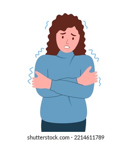 Woman shivering from cold weather in flat design on white background.