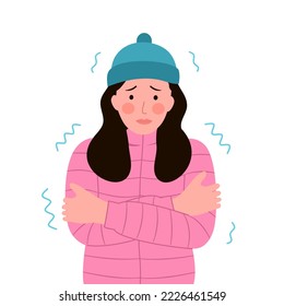 Woman shivering from cold weather in flat design on white background.