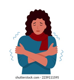 Woman shivering from cold weather in flat design on white background.