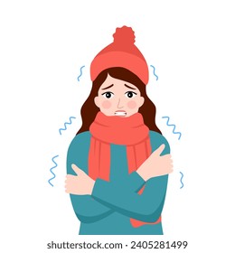 Woman shivering from cold weather in winter flat design on white background.