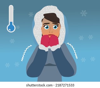 Frauen zittern im kalten Winter im Freien mit warmen Kleidung an einem schneebedeckten Tag.