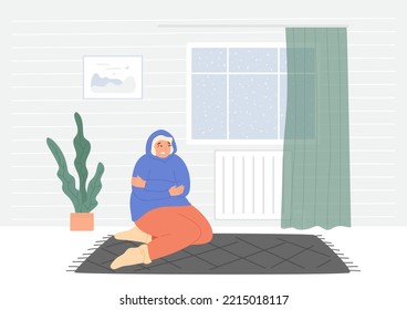 Woman shivers at home near the cold battery. Winter is outside the window, cold and snowy season. Economy and financial crisis concept. Female in hoodie freezes. Vector illustration, simple interior.