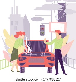 Woman shocked by car problems and man calling to car repair service, flat cartoon characters. Vehicle workshop, evacuator on smartphone app. Automobile insurance Agency. Vector Illustration.