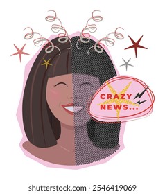 Woman shocked by crazy news, color and halftone retro style illustration, trendy y2k psychedelic pop art, sticker with newspaper and torn paper effect, vector 90s grunge vintage graphic