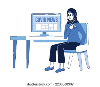 Woman shocked by news flat color linear vector character. Editable figure. Full body person on white. Cartoon style thin line illustration for web graphic design and animation. Bebas Nenue font used