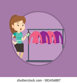 Woman shocked by price tag in clothing store. Surprised woman looking at price tag in clothing store. Woman staring at price tag. Vector flat design illustration in the circle isolated on background.