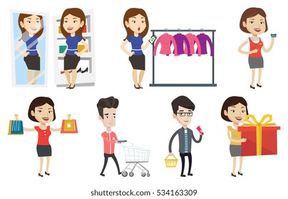 Woman shocked by prices in clothes store. Woman looking at price tag in clothes store. Woman staring at price tag in clothes store. Set of vector flat design illustrations isolated on white background