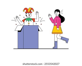 Woman shocked to get a surprise clown out of the box. Character design. Vector flat illustration