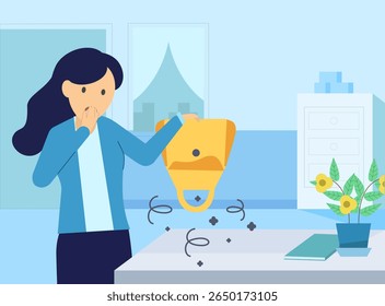 A mulher ficou chocada que seus pertences haviam sido roubados, batendo o conteúdo de sua bolsa vazia sobre a mesa. Estilo de design plano.