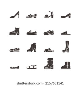 Woman shoe glyph icon set. Boot, sandal, moccasin, slipper, mule sign. Vector illustration.