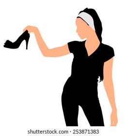 Woman with shoe in hand, vector 