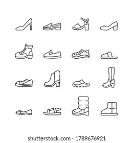 Woman shoe line icon set. Boot, sandal, moccasin, slipper, mule flat sign. Editable stroke. Vector illustration.