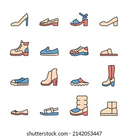 Juego de iconos de la línea de calzado para mujeres. Bota, sandalia, moccasin, zapatillas, señal plana de la mula. Ilustración del vector de color.