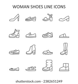 Woman shoe line icon set. Boot, sandal, moccasin, slipper, mule flat sign. Vector illustration.