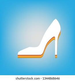 Woman shoe sign. Vector. White icon with 3d warm-colored gradient body at sky blue background.