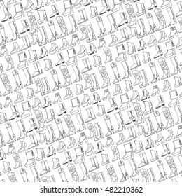 Woman shoes, boots pattern.Vector Autumn,fall,spring,winter.Vector Hand drawn footwear illustrations,background,various types of female footwear, leather,elegance, sport casual accessory