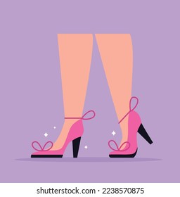 Woman in shoes concept. Aesthetics and elegance, beauty, fashion and style. Interface for programs, software and applications. Character in shiny pink shoes. Cartoon flat vector illustration