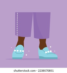 Mujer en el concepto de zapatos. Afiche o cartel para el sitio web. Mujer con pantalones morados y zapatos azules, accesorios. Estética y elegancia. Metáfora de las compras en línea. Dibujo vectorial plano de dibujos animados