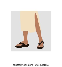 Woman Shoes. Flat Trendy Summer Sandals. Fit Legs And Fashionable Skirt. Abstract Feminine Vector Illustrations. Summer Trendy Simple Icons. Instagram Post, Business Advertisement, Flyer Design