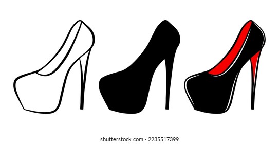 Woman shoes icon set isolated on white background. Colorful hand drawn vector fashion illustration. Beauty and glamour outline silhouette. Logo design element.