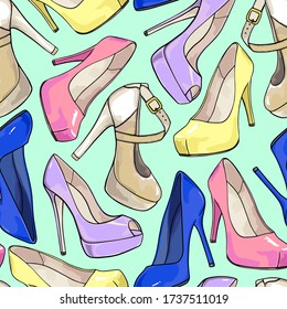 Zapatos de mujer. Elemento de patrón sin inconvenientes. Ilustración vectorial.