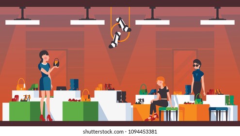 Woman shoes shop. Flat vector illustration with girls choosing shoes and bags. Interior of shop with buyers and beautiful goods for sell