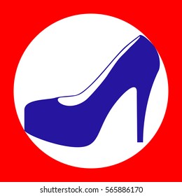 Woman shoes sign. Blue icon in white circle at red background. Colors of USA flag. Circumscribed circle. Circumcircle.