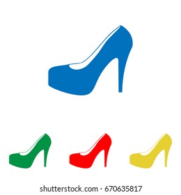 Woman shoes sign. Vector. Big blue flat icon with red, green and yellow small icons at white background. Isolated.