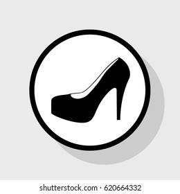 Woman shoes sign. Vector. Flat black icon in white circle with shadow at gray background.