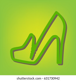 Woman shoes sign. Vector. Green line icon with brown shadow at green-yellow background.