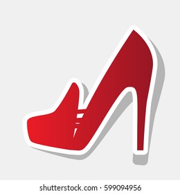 Woman shoes sign. Vector. New year reddish icon with outside stroke and gray shadow on light gray background.