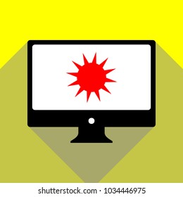 Woman shoes sign. Vector. Red icon on white monitor of black all-in-one desktop computer with two shadows at yellow background.