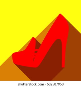Woman shoes sign. Vector. Red icon with two flat reddish shadows on yellow background.