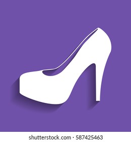 Woman shoes sign. Vector. White icon with soft shadow on grape violet background.