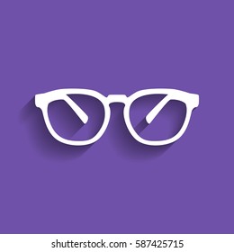 Woman shoes sign. Vector. White icon with soft shadow on grape violet background.