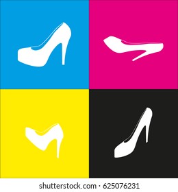 Woman shoes sign. Vector. White icon with isometric projections on cyan, magenta, yellow and black backgrounds.
