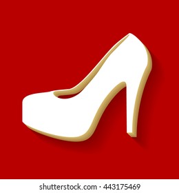 Woman shoes sign. White button icon with wood color and shadow on dark red background.