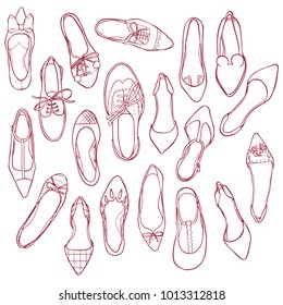 Woman shoes silhouettes pattern. Vector collection of outline footwear.