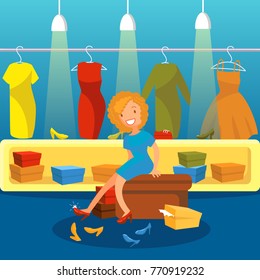 Woman in a shoes store shopping for shoes, girl trying on heels vector Illustration