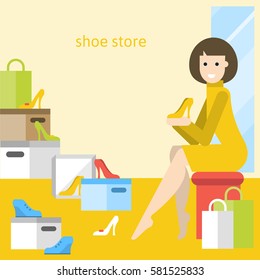 Woman in the shoes store shopping for shoes. Vector flat illustration