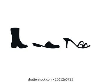 Woman Shoes Vector Icon. Set of black high heel and flat shoes silhouettes isolated on white background. Ladies shoes silhouette icon set