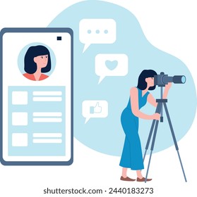 Woman shooting for social media content. Professional blogger