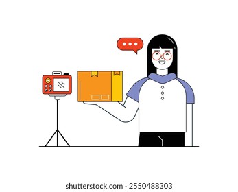 Mujer está disparando unboxing producto en caja, actividad de creador de contenido. Diseño de personajes. Ilustración plana de Vector