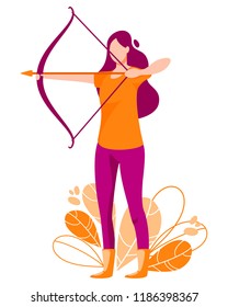 Woman shoots from the bow. Archer vector illustration. Flat cartoon character design. Concept form of targeted advertising