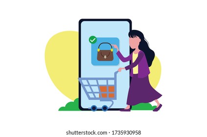 Woman shop a bag via online shopping and e-commerce market with a trolley and smartphone. Flat design illustration
