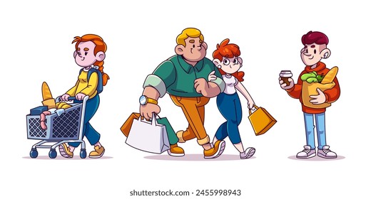 Woman shop with cart in mall. Happy man character in store. People buyer purchase food in grocery supermarket icon set. Couple hold bag with gift. Isolated male customer carry bread in package