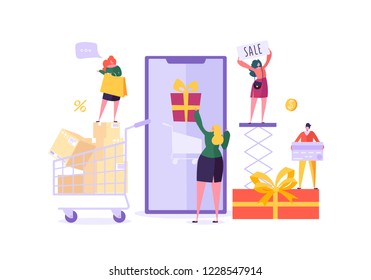 Woman Shop Online Using Smartphone. E-commerce, Consumerism, Retail, Sale Concept. Characters Shopping Mobile Purchase. Vector illustration