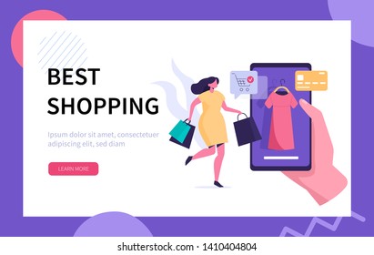 Woman shop with smartphone. Can use for web banner, infographics, hero images. Flat modern vector illustration. 