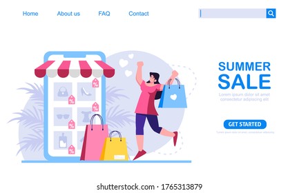 A woman shop with summer discount at mobile application store. Online shopping concept, perfect for web design, banner, mobile app or landing page. Scalable and editable vector illustration.