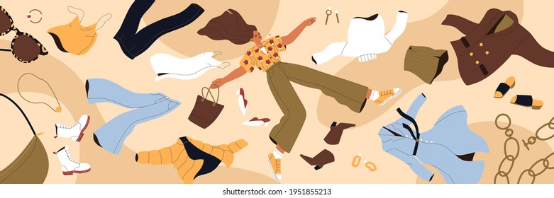 Woman shopaholic flying among clothes. Fast fashion, consumerism and overconsumption concept. Young lady with apparel, garment, purchases around. Colored flat vector illustration of wide banner - Shutterstock ID 1951855213